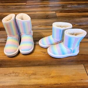 Rainbow Striped Faux Fur Boots